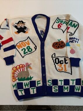 VINTAGE | Hand-Knit Holiday Calendar Cardigan - Cream with Navy Trim